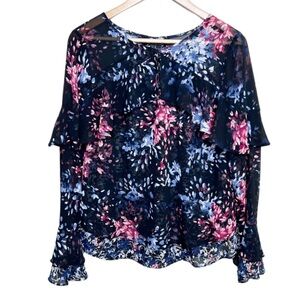 White House Black Market Floral‎ Ruffle Sheer Long Bell Sleeve Blouse Top Women